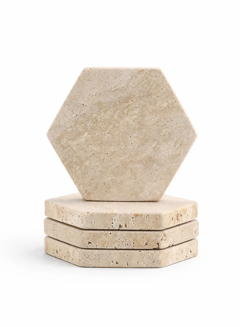 1 تشيس مجموعة قواعد أكواب من حجر الترافرتين، 4 قطع، قواعد أكواب سداسية الشكل من الرخام الطبيعي، قواعد أكواب حجرية ماصة لطاولة القهوة، طاولة الطعام، وديكور المنزل